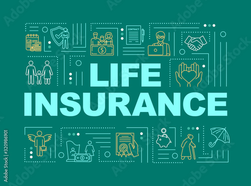 Life insurance word concepts banner. Risk management. Family healthcare plan. Infographics with linear icons on mint background. Isolated typography. Vector outline RGB color illustration