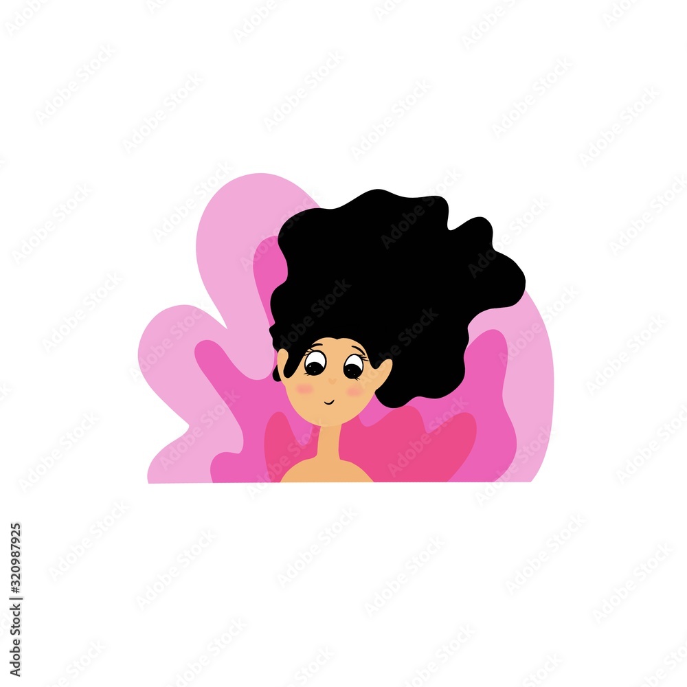 Children's illustration of a girl with black hair isolated on a white background with a pink tint behind her back, bright colors, cartoon character, for printing and print. Children's illustration of a girl with black hair isolated on a white background with a pink tint behind her back, bright colors, cartoon character, for printing and print.