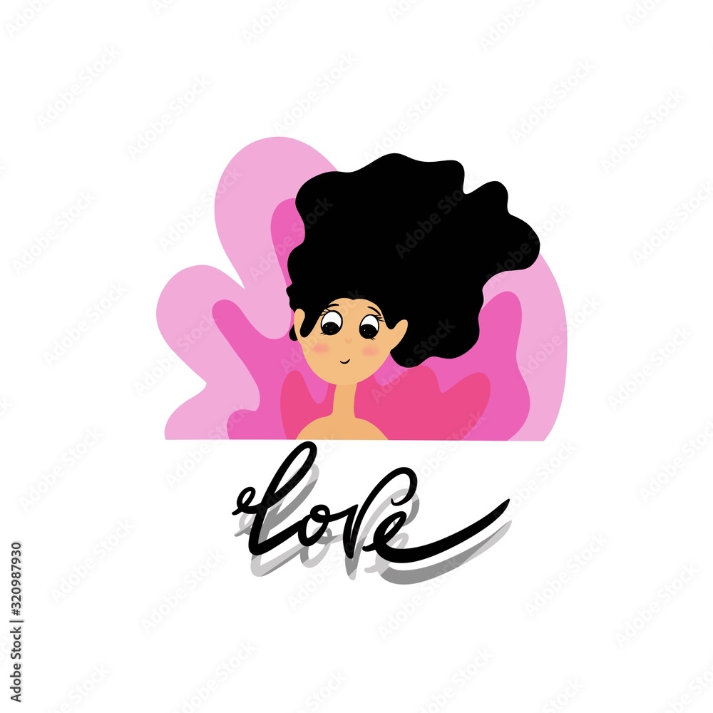 Children's illustration of a girl with black hair isolated on a white background with a pink tint behind her back, bright colors, cartoon character, for printing and print. Lettering love Children's illustration of a girl with black hair isolated on a white background with a pink tint behind her back, bright colors, cartoon character, for printing and print. Lettering love