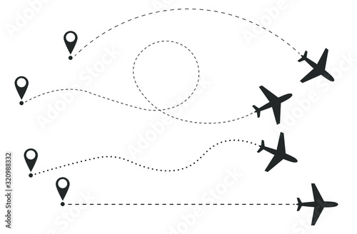 Airplane line path vector icon of air plane flight route with start point and dash line trace. Isolated on white background. Travel plane traffic template. Aircraft logo symbol sign.