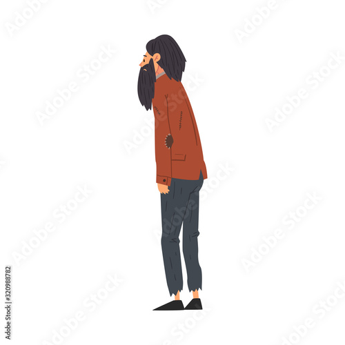 Hipster Bearded Man Standing Back and Looking at Something, View from Behind Vector Illustration