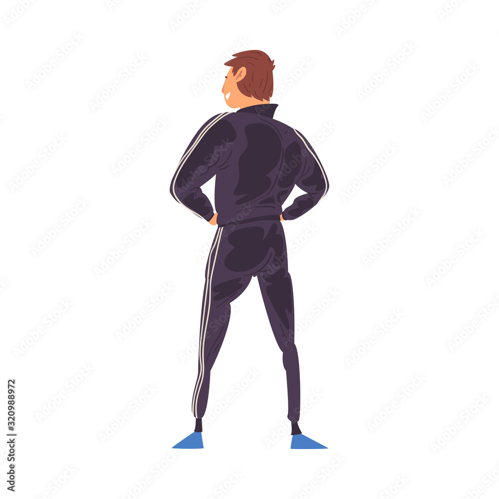 Young Man in Successful Pose Standing Back and Looking at Something, View from Behind Vector Illustration Young Man in Successful Pose Standing Back and Looking at Something, View from Behind Vector Illustration