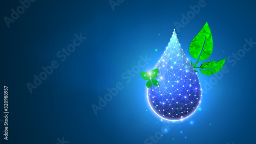 Water Drop, clean droplet of water with butterfly and a leaf. Green planet concept. Abstract polygonal image on blue neon background. Low poly, wireframe, digital 3d vector illustration