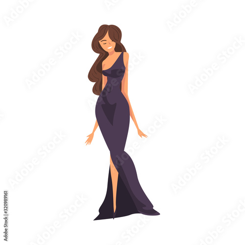 Beautiful Young Woman With Long Hair Wearing Black Dress Vector Illustration