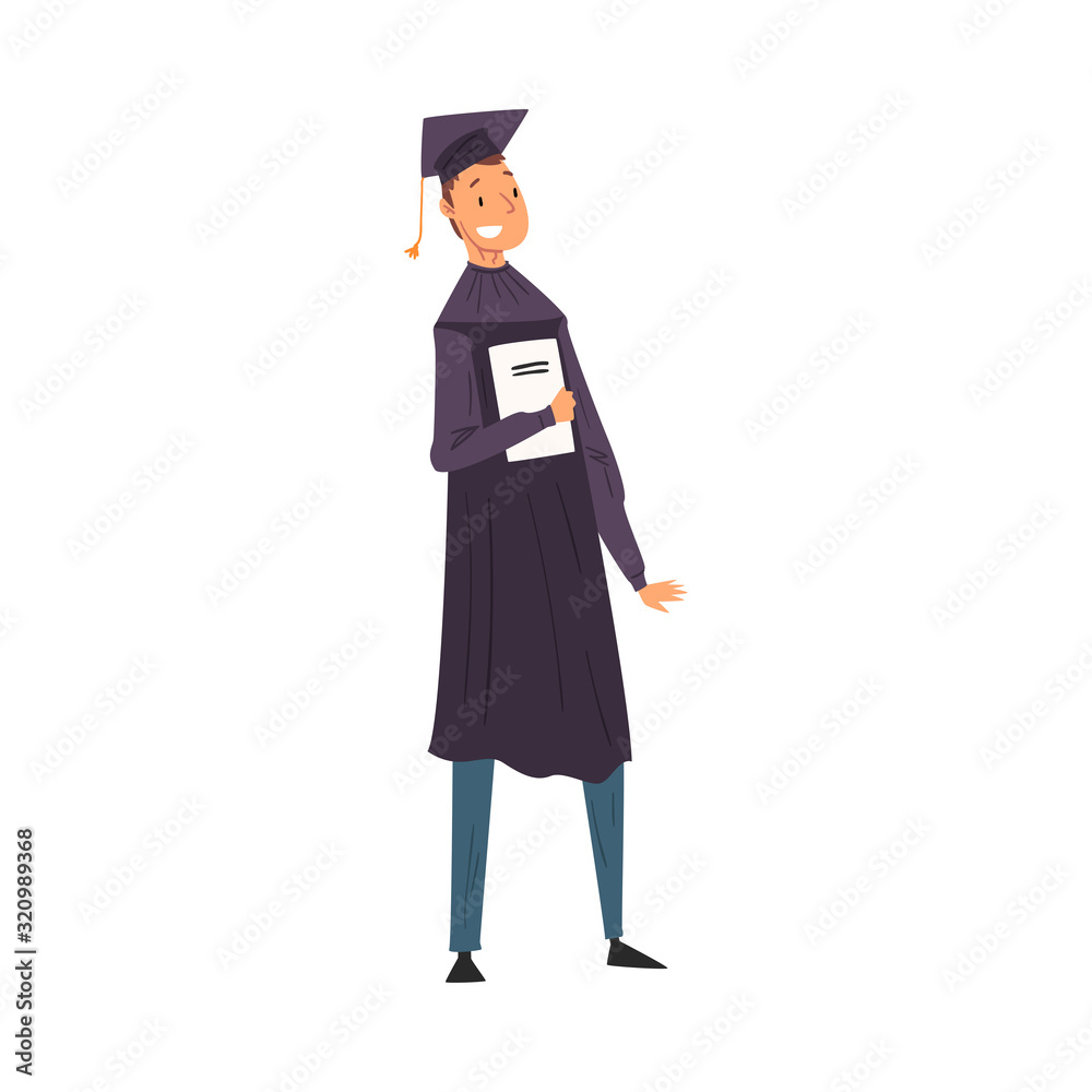 Male Graduate Student in Gown and Cap Standing with Diploma Vector Illustration Male Graduate Student in Gown and Cap Standing with Diploma Vector Illustration