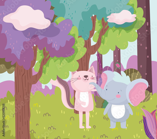 little pink cat and elephant cartoon character forest foliage nature landscape