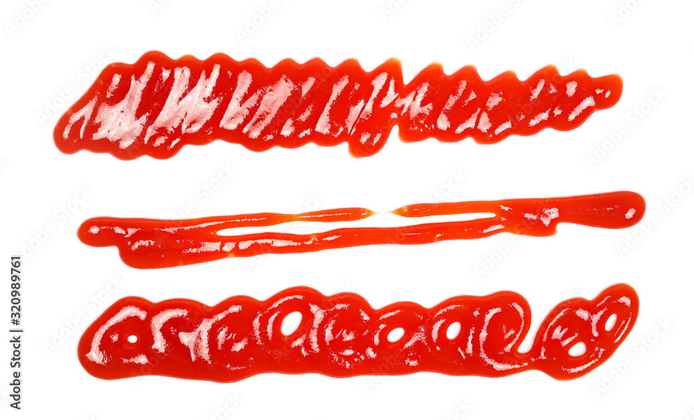 Red ketchup spreading, splashes, set and collection isolated on white background, tomato puree texture, top view Red ketchup spreading, splashes, set and collection isolated on white background, tomato puree texture, top view