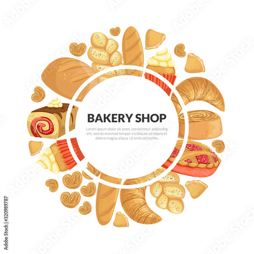 Bakery Shop Banner Template with Fresh Baking Products of Round Shape and Place for Text Vector Illustration