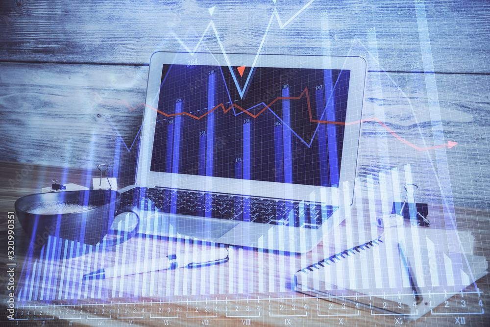 Multi exposure of graph and financial info and work space with computer background. Concept of international online trading. Multi exposure of graph and financial info and work space with computer background. Concept of international online trading.