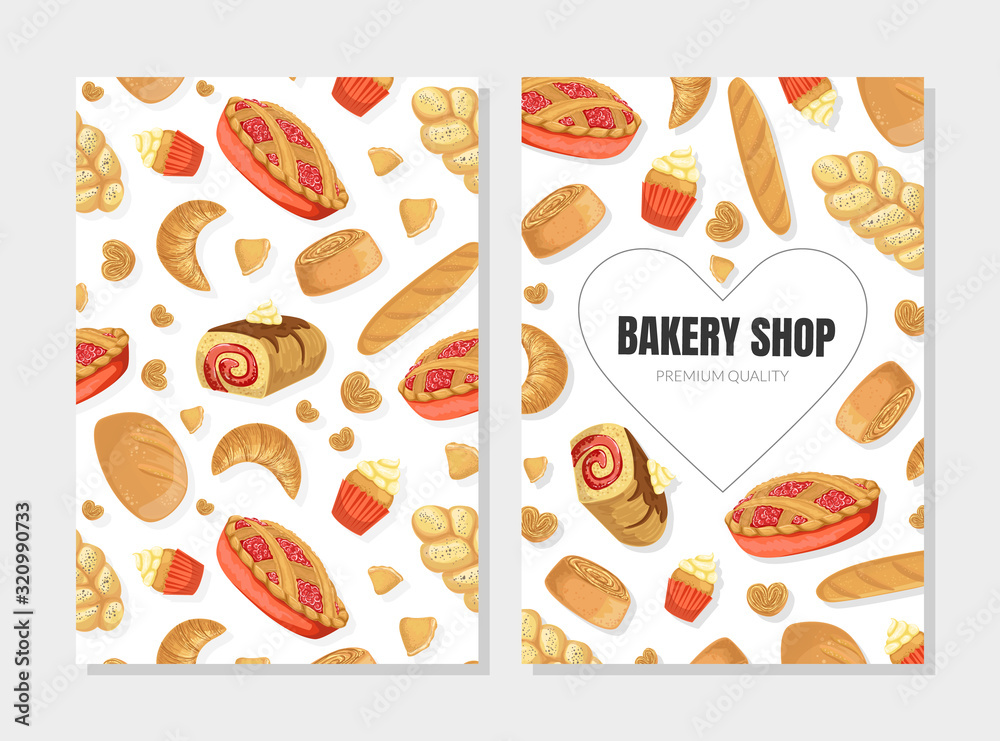 Bakery Shop Premium Quality Card Template with Baking Products Seamless Pattern, Element Can Be Used for Menu, Cooking Book, Restaurant Menu, Flyer, Certificate Vector Illustration
