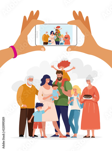 Photo of a large friendly family. Two hands holding a phone and taking a family photo. Cute flat cartoon vector illustration.