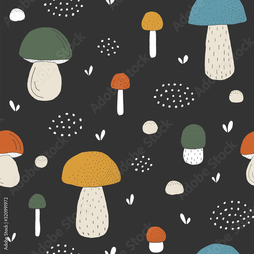 Seamless texture with forest mushrooms and hand drawn elements