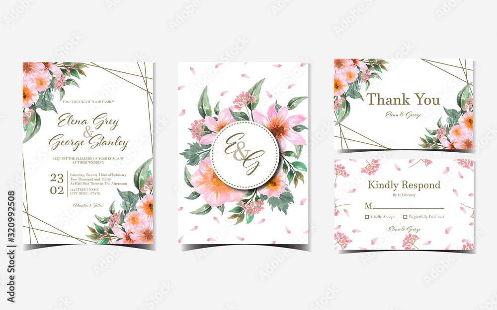 set of pink floral wedding invitation with gorgeous flowers