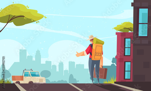 Hitchhiking Cartoon Illustration