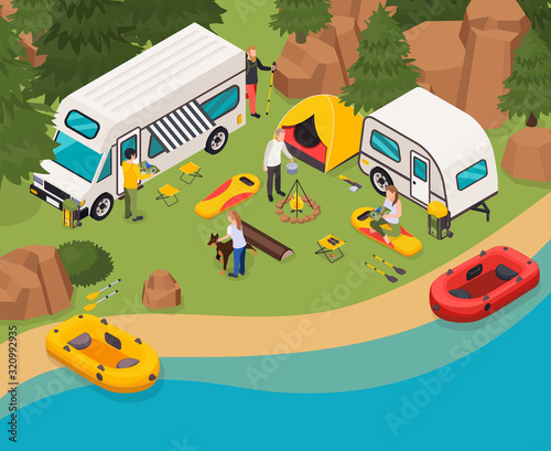 Camping Tourists Isometric Composition 