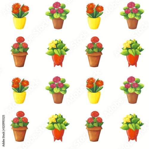 Indoor flowers seamless pattern. Indoor plants in flower pots. Gouache illustration on a white background. Cute, spring, cartoon ornament about gardening. Homemade geraniums and gerbera