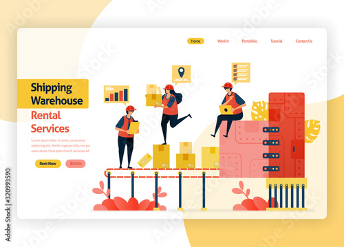 welcome page website for warehousing rental service companies, delivery transit, ports, aircraft cargo and public transportation. warehouse with box packing machines. landing page, banner, mobile apps