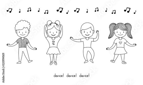 Cute cartoon children girls and boys. Happy childhood. Black line on white background. Vector illustration for coloring book
