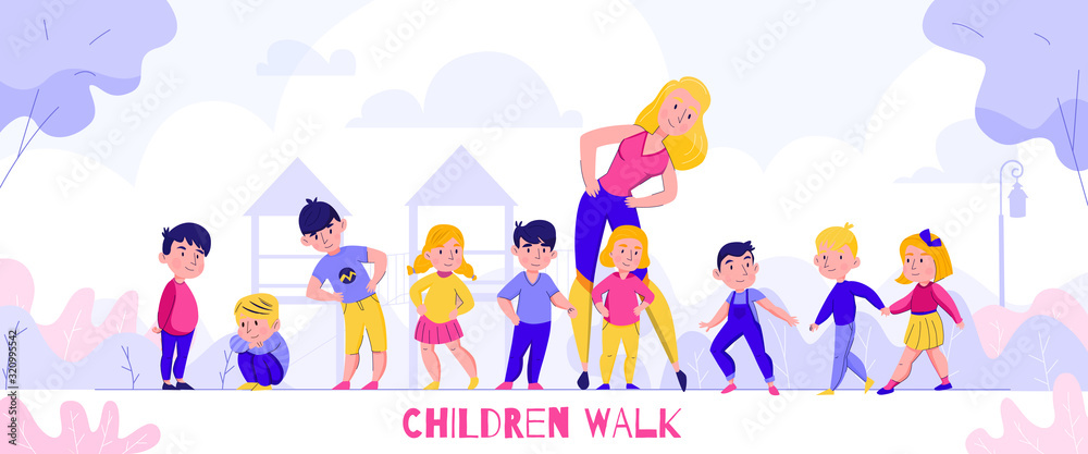 Kindergarten Walking Children Composition