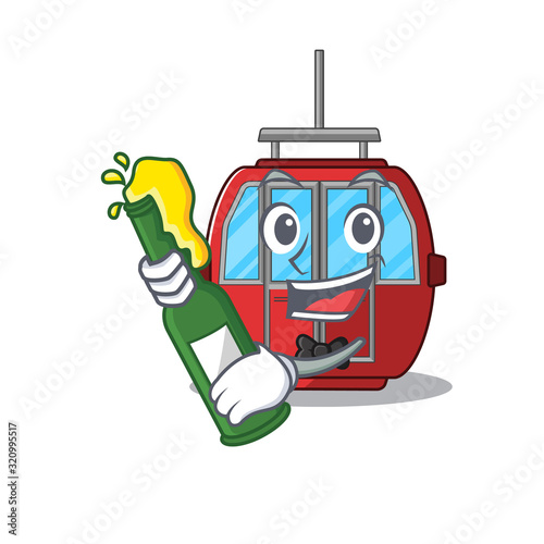 mascot cartoon design of ropeway with bottle of beer