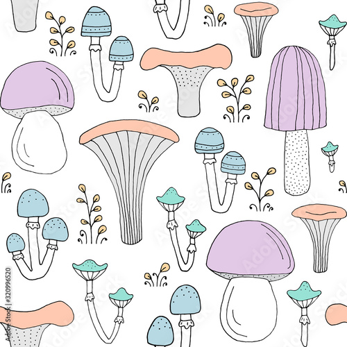 Seamless texture with forest mushrooms and hand drawn elements