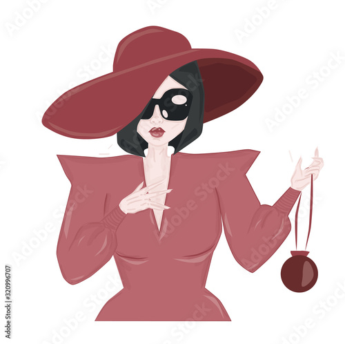 Elegant woman in pink dress and heat wearing sunglasses