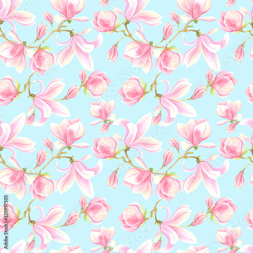 Rose magnolia spring seamless pattern on a blue background. Stock illustration hand painted in watercolor.