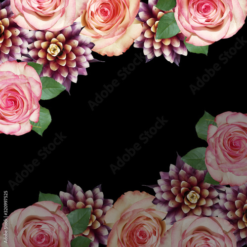 Beautiful floral background of guzmania and roses. Isolated