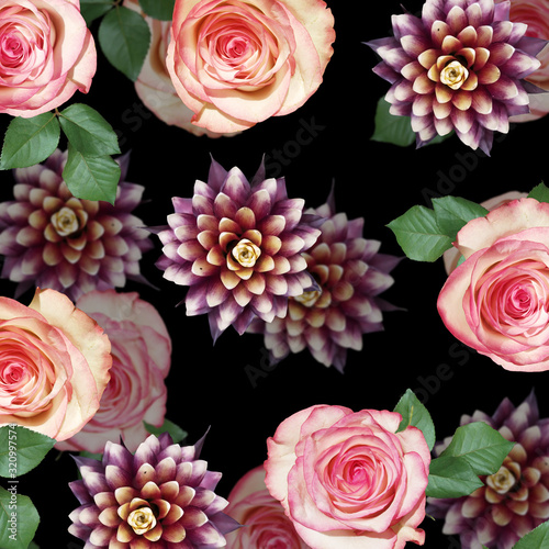 Beautiful floral background of guzmania and roses. Isolated