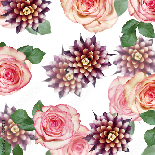 Beautiful floral background of guzmania and roses. Isolated