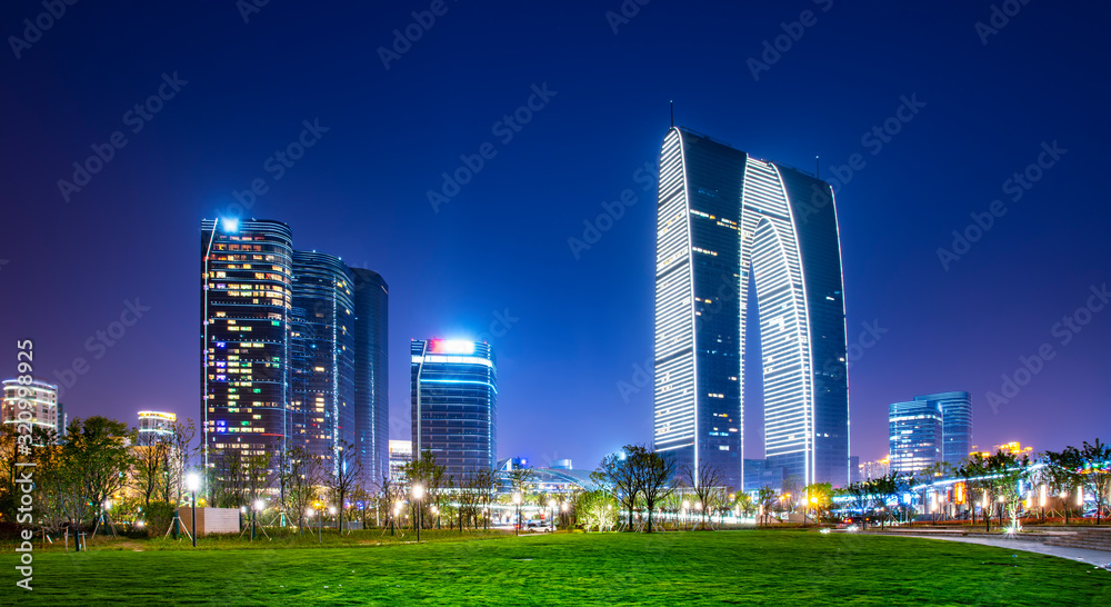 Night view of architectural landscape in Suzhou Financial District..