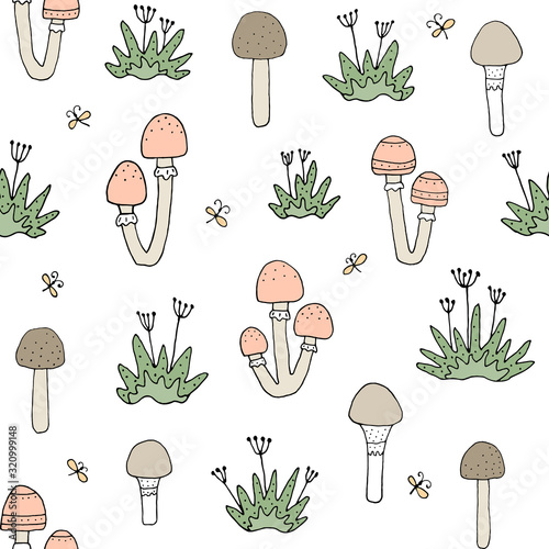 Seamless texture with forest mushrooms and hand drawn elements