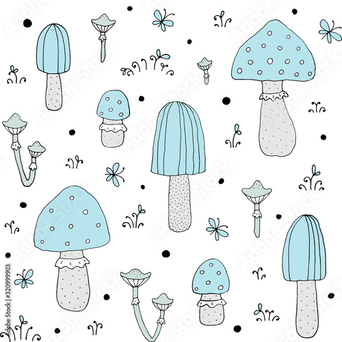 Seamless texture with forest mushrooms and hand drawn elements