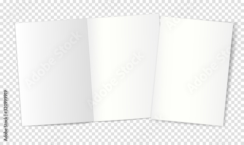 Mockup of an open and closed two-page booklet, notebook, brochure, magazine, book. Transparent background. 3d vector illustration for your design.