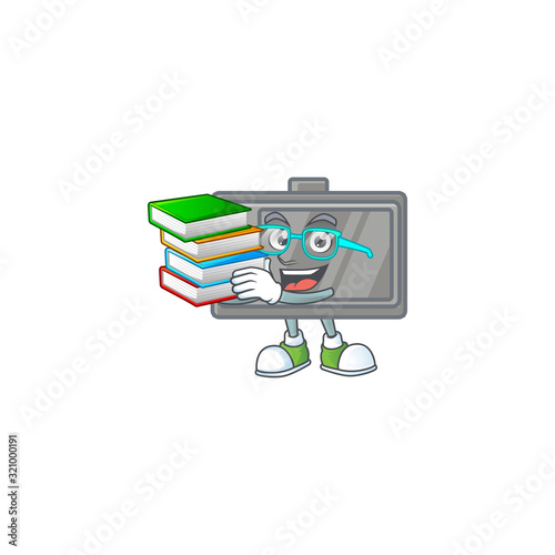 A brainy clever cartoon character of wacom studying with some books