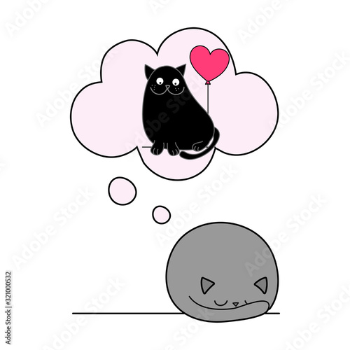 I can't get you out my head cat in love - doodle character, funny sleeping kitty. Good for poster, wallpaper, t-shirt, gift, greeting card, coloring book, holiday gift or cat lover quotes.