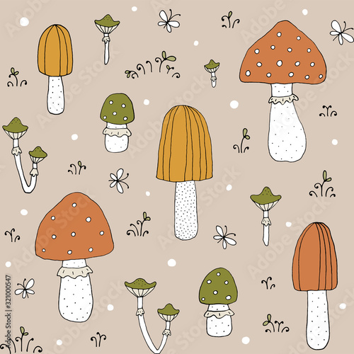 Seamless texture with forest mushrooms and hand drawn elements