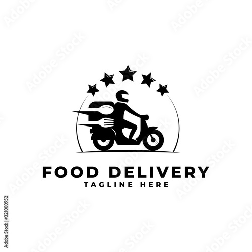 Food Delivery by Motorcycle with Five Stars logo vector icon ilustration, online food delivery by motorcycle