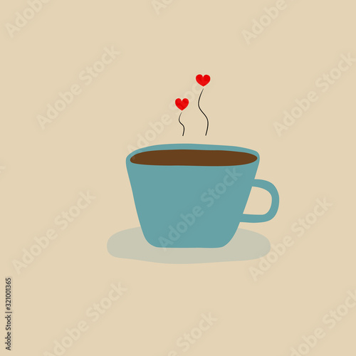 Hand drawn doodle vector illustration of blue cup with hot coffee steam with two hearts. Valentine romantic love concept. Creative poster for cafes