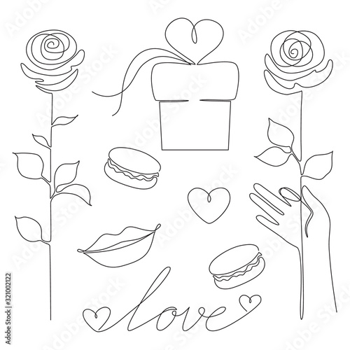 vector monochrome collection of St. Valentine's day attributes drawn in one line style. also can be used for other purposes. 