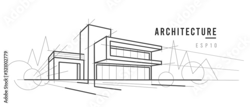 Modern architecture sketch. Line drawing.  Vector, text outlined.  photo