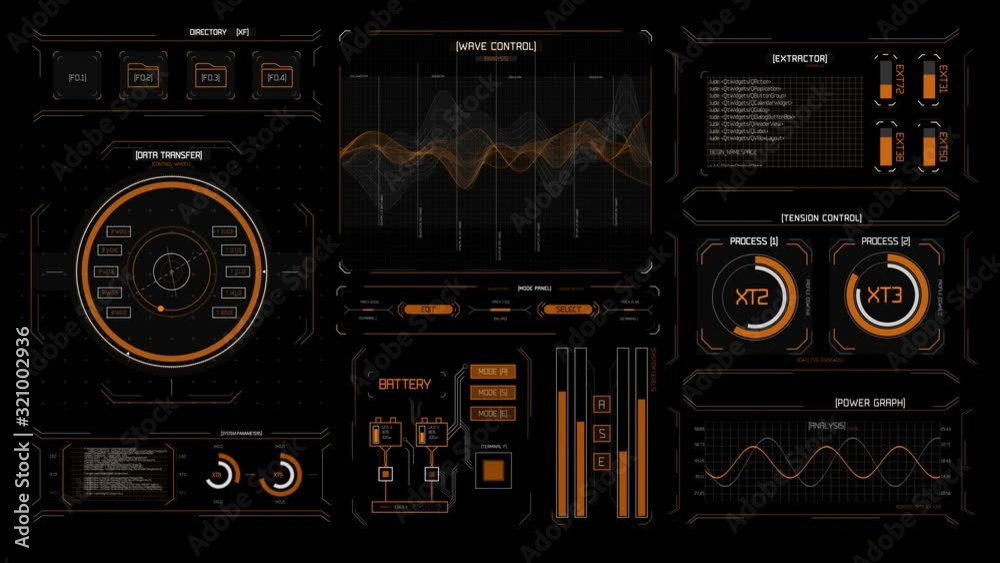 Perspective view of Futuristic interface/HUD/FUI/Digital screen glass panel with buttons/Control dashboard