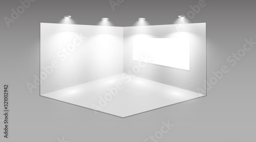 3D exhibition booth. White empty promotional stand with desk. Vector white empty geometric square. Presentation event room display. Blank box template