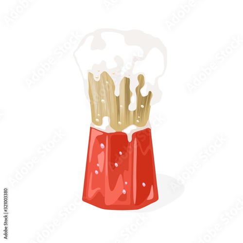 Brush with cream or soap foam for men s shaving bristle, stubble, moustache. Personal hygiene product. Vector cartoon illustration isolated on white background for barber shops, male face care theme.