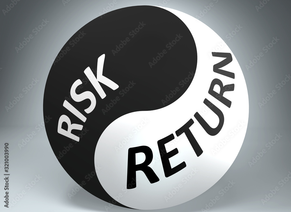 Risk and return in balance - pictured as words Risk, return and yin