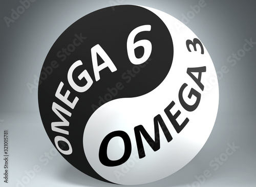 Omega 6 and omega 3 in balance - pictured as words Omega 6, omega 3 and yin yang symbol, to show harmony between Omega 6 and omega 3, 3d illustration photo