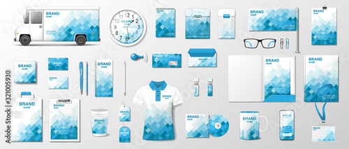 Corporate identity template. Realistic Business Stationery mockup with abstract geometric design. Stationery and uniform, van, brochure, bag, package for your brand. Vector illustration