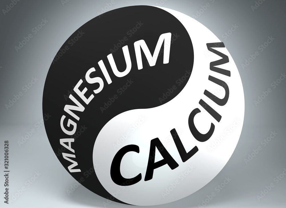 Magnesium and calcium in balance pictured as words Magnesium, calcium