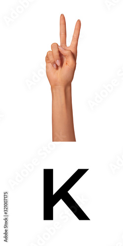 Fotografie Manual Language Alphabet Deaf Gesture Sign K letter with Female Hand Black White