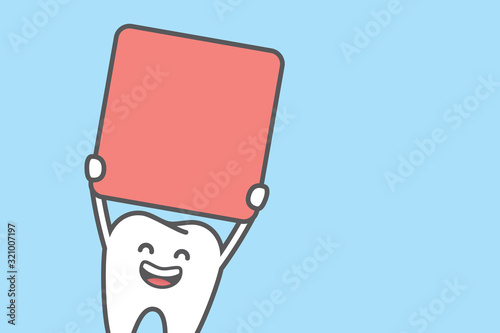 Happy Tooth boy smiling and holding a blank sign illustration cartoon character vector design on blue background. Dental concept.